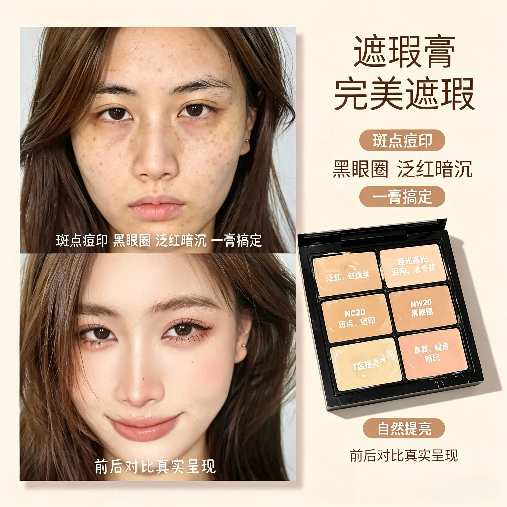 保姆级六色遮瑕膏斑点痘痘印黑眼圈泪沟法令纹雀斑修容多色一体盘
