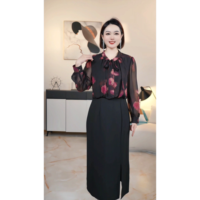 【撤柜清仓】W 夏新法式系带玫瑰印花显瘦大码连衣裙 8871