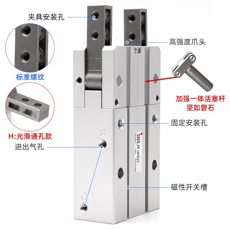 亚德客型气动手指气缸HFR10/HFR1y6/20/25/HFR32N通孔180度开闭型