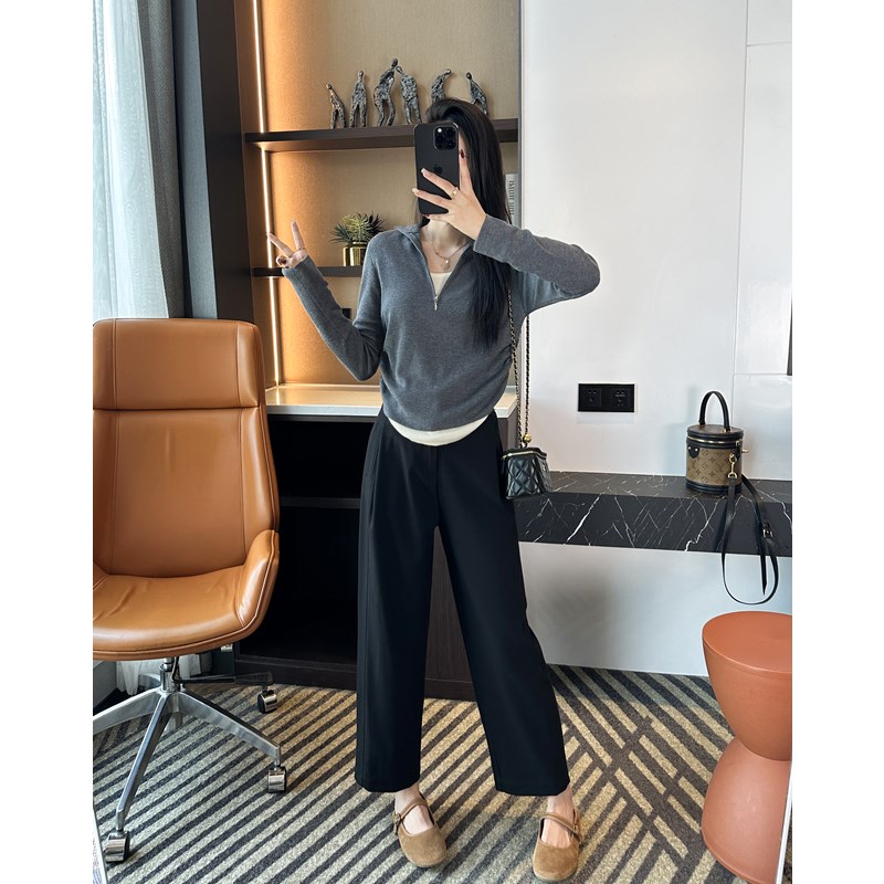 多穿型假两件上衣半拉链针织衫女松弛感收腰显瘦百搭上衣含6%羊毛