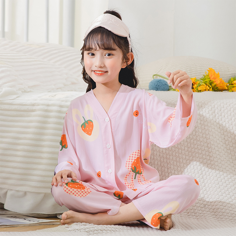 儿童绵绸睡衣夏季女童开衫长袖空调服套装女孩男童宝宝棉绸家居服