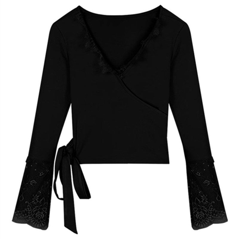 春秋白色性感V领蕾丝拼接绑带短款上衣女士长袖t恤紧身内搭打底衫,女装/女士精品,大码内搭,淘宝优惠券,粉丝福利购,淘宝优惠卷