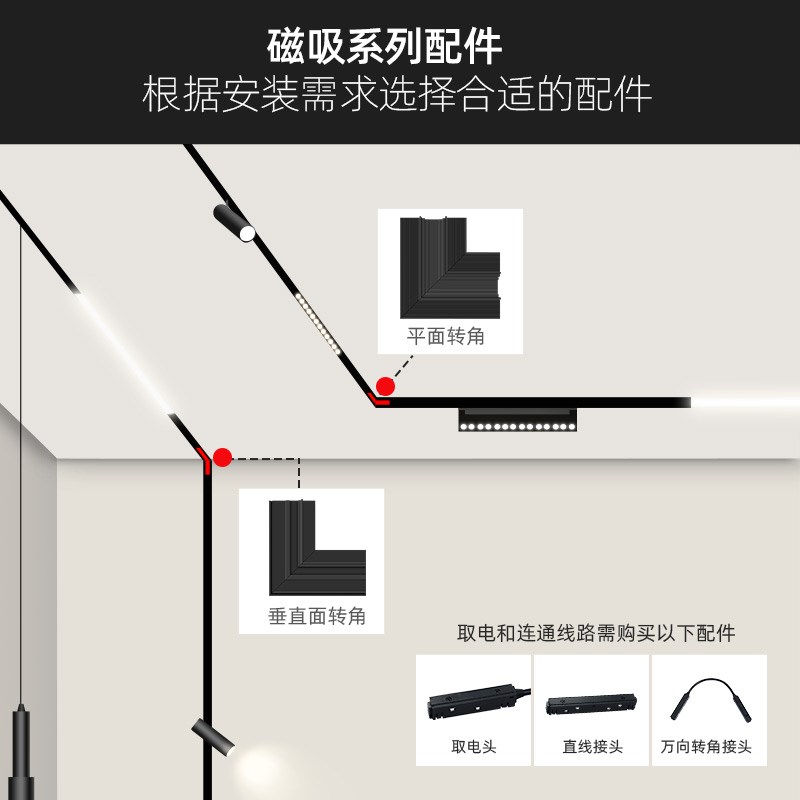 磁吸轨道配件100W48V直角墙角转角直通连接器