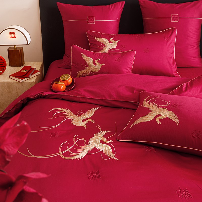 简约新中式浪漫婚庆四件套100S纯棉全棉被套红色结婚喜被床上用品