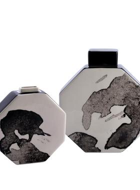 现代新中式扁形八角黑白陶瓷罐插花器装饰摆饰家居样板房玄关花瓶