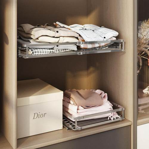 不锈钢伸缩衣柜拉篮衣橱改造侧装自制抽拉滑轨收纳篮抽屉式置物架