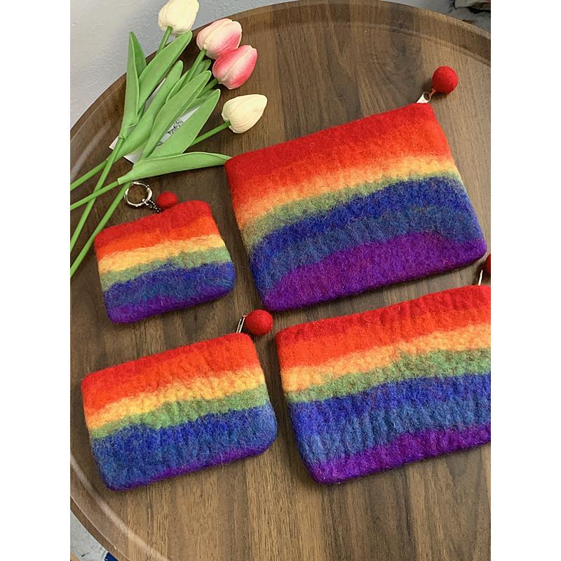 funny 尼泊尔彩虹系手工羊毛毡包小包零钱包卡包小众定制手拿包
