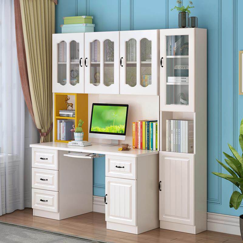 实木书桌书架组合简约家用学生学习桌卧室台式电脑桌书柜一体带门