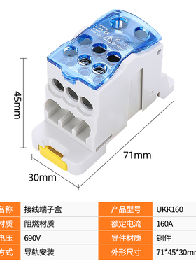 UKK160A快速接线端子导轨式分线盒电线连接器大电流并线器端子排