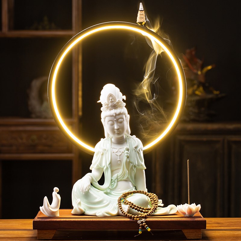 守淘人新中式观音菩萨佛像陶瓷禅意摆件创意灯饰客厅玄关桌面摆设