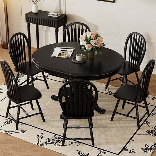 A10可L法式复伸实F7799778木餐桌家用缩折叠变圆桌美式古黑色小户