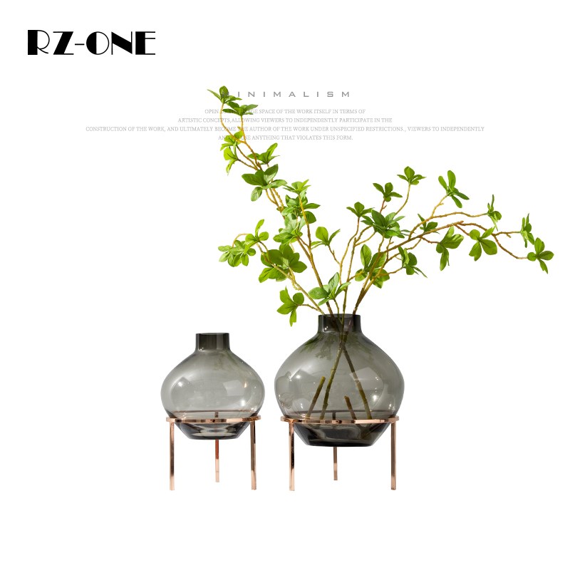 RZone 北欧轻奢灰色玻璃花瓶圆形葫芦状花瓶现代简约时尚家居摆件
