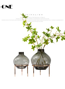 RZone 北欧轻奢灰色玻璃花瓶圆形葫芦状花瓶现代简约时尚家居摆件