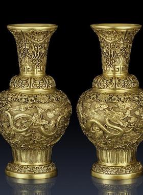 纯黄铜龙纹花瓶摆件办公室家居客厅装饰花瓶一对工艺品礼品摆件
