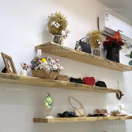 墙原木边自然服装店上置物架鞋包展示架实木一字隔板墙上货架网红