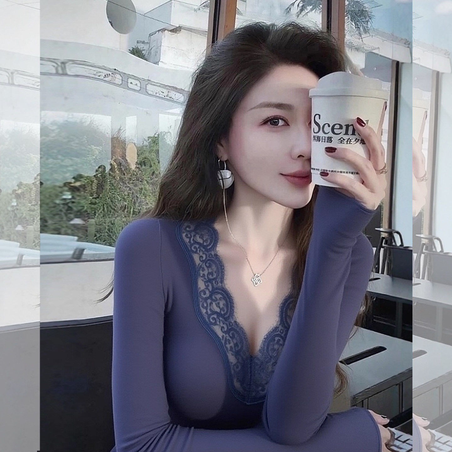 性感纯欲蕾丝拼接v领长袖t恤秋冬今年流行爆款女装内搭打底衫上衣