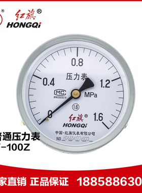 厂家直销 红旗仪表 压力表 Y-100Z 1.6级 0-1mpa 轴向不带边