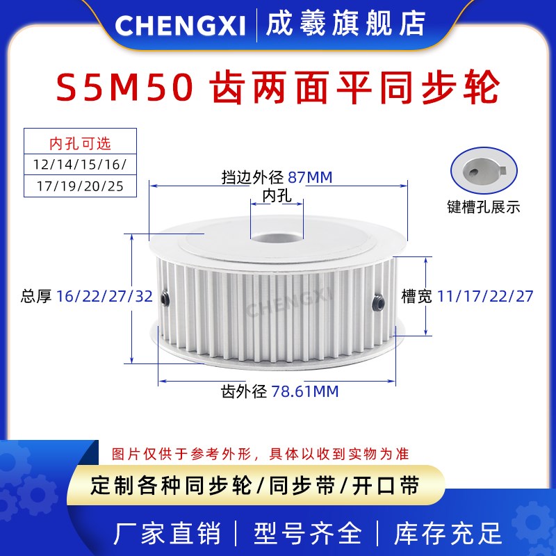 无台S5M50齿两面平50S5M同步轮槽宽11/17/22/27皮带轮齿外径78.61