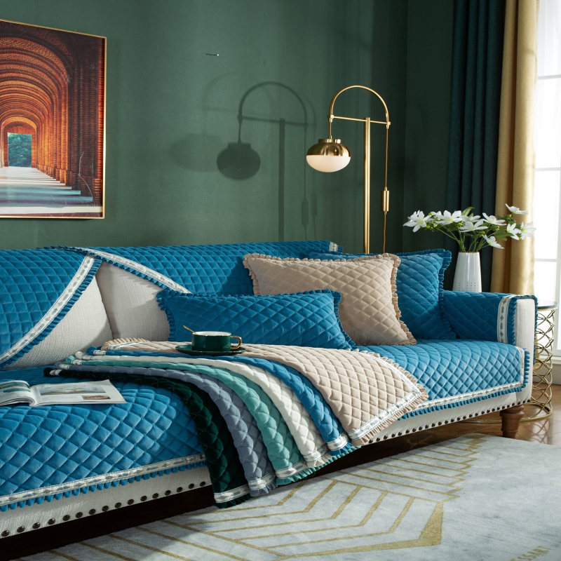 豹绒短毛绒沙发垫四季通用北欧风格坐垫套巾档纯色加厚防滑皮罩