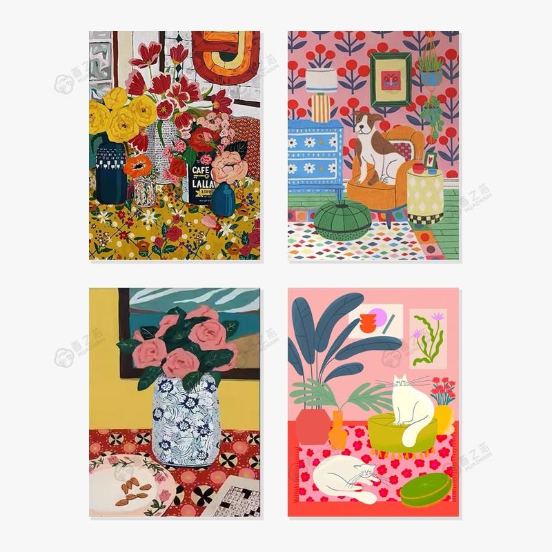 美拉德覆古风花卉猫咪客厅饭厅装饰画挂画自粘油画布画芯不含画框