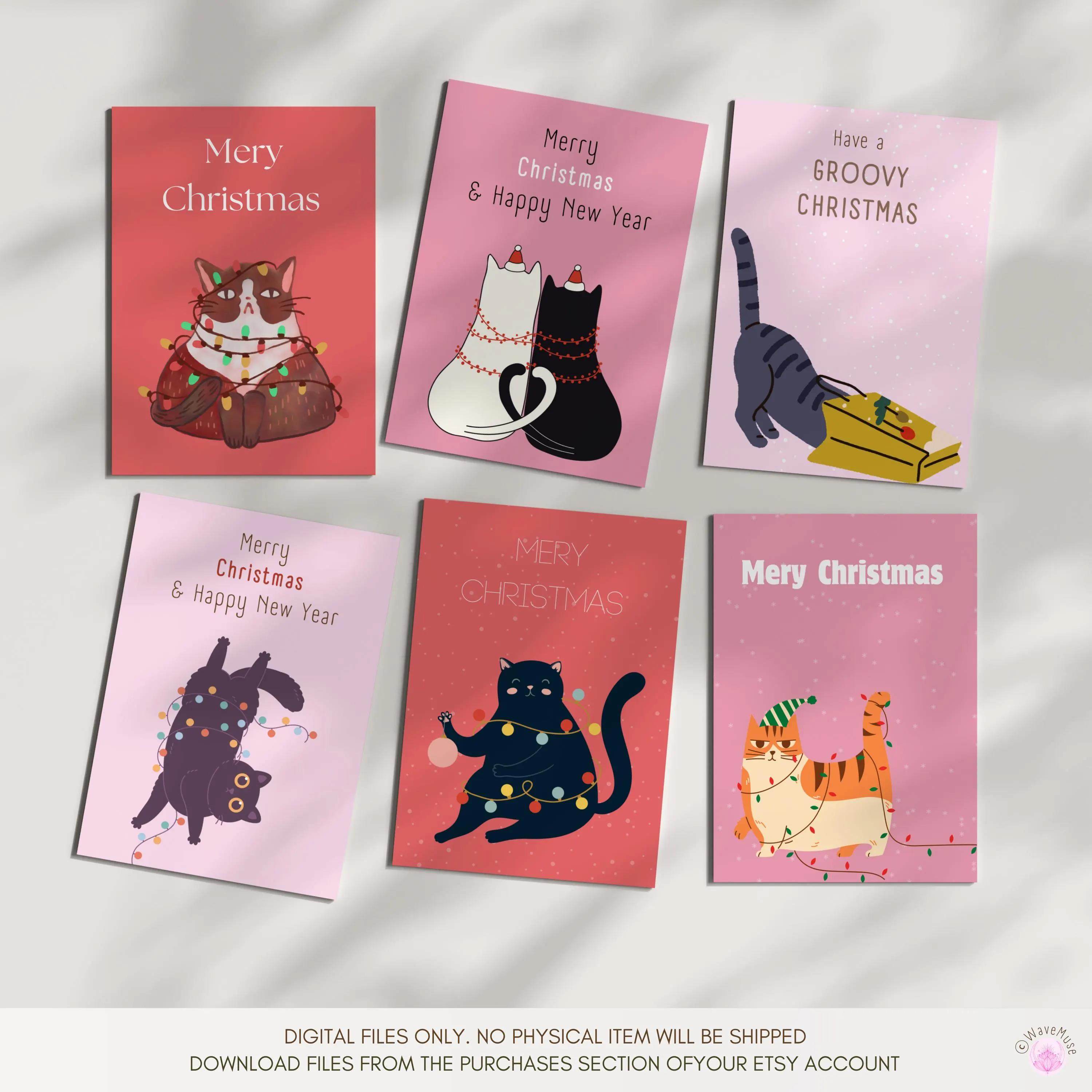 外贸圣诞节趣味猫咪Christmas card套装带信封手写儿童祝福贺卡片