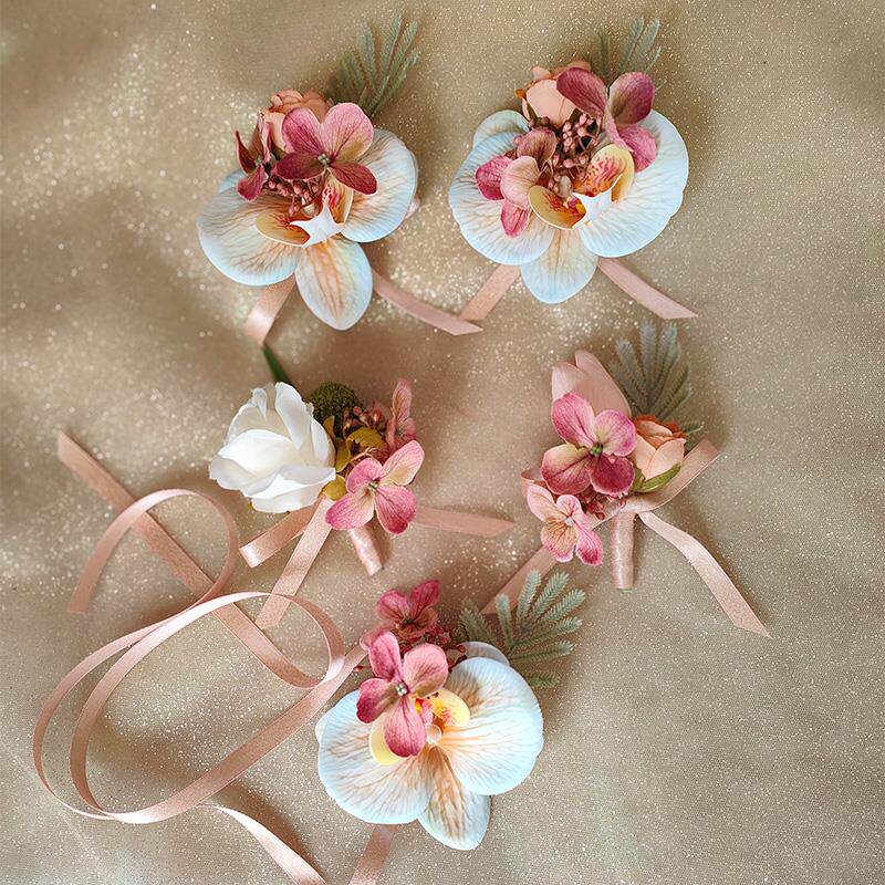 小清新唯美仙女绿粉色蝴蝶兰新郎伴郎伴娘结婚商务活动胸花手腕花