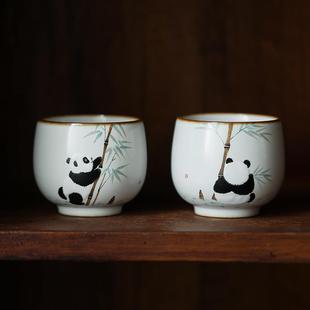 景德镇手绘可爱熊猫小茶杯功夫茶加厚汝瓷小号主人品茗杯茶碗单杯