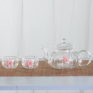 南瓜壶下午茶家用办公泡茶壶可加热 高硼硅耐热玻璃手捏花西施壶