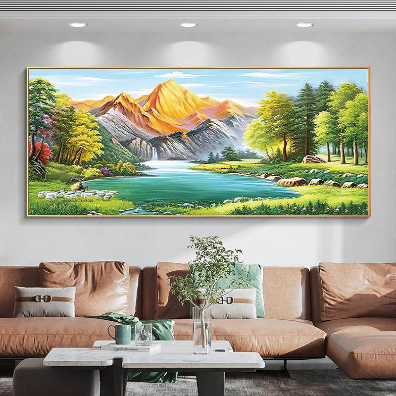 背靠金山聚宝盆十字绣2025新款高端客厅高级感大幅风景山水画刺绣