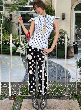 ''Farfalla Zoe'不规则波点九分显瘦修身百搭个性辣妹可爱长裤