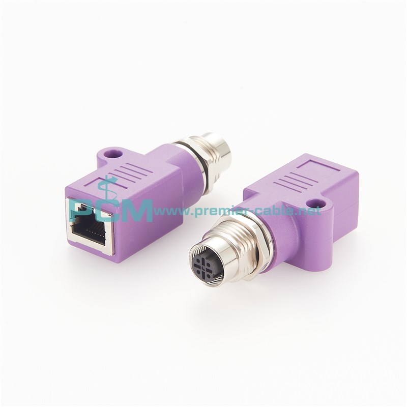 180度直式M12母头4芯D型编码X型转RJ45连接器转接头网线转M12插座