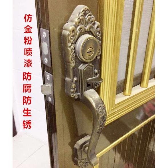 罗普斯金门锁老式铝合金双开门锁众安俩舌锁古铜拉手按压锁芯配件