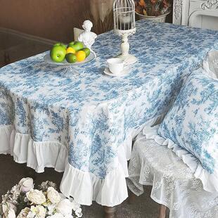 青花绘影法式桌布碎花棉质餐桌台布vintage圆盖布高档茶几防尘布