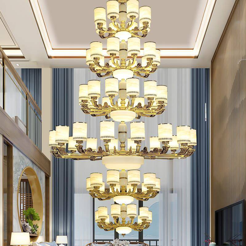 2024新中式别墅客厅中空大吊灯楼中楼挑空跃层大厅三四层楼梯灯具