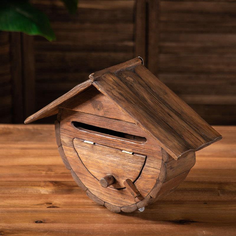 泰国实木墙挂信箱意见箱圆形雕刻墙上壁饰功德箱室外建议捐款箱