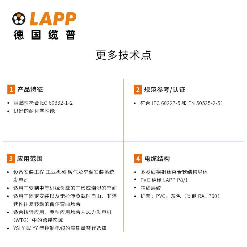 缆普电缆LAPP?LFLEX?CLASSIC 100 300/500V耐油RVV控制信号线