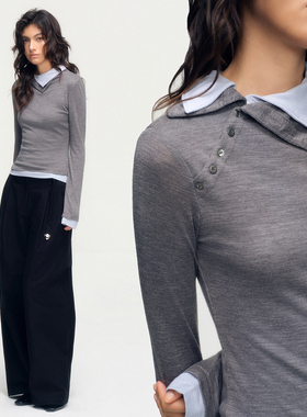 SoloForTwo 斜开双领羊毛针织衫 撞色拼接