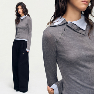 SoloForTwo 撞色拼接 斜开双领羊毛针织衫