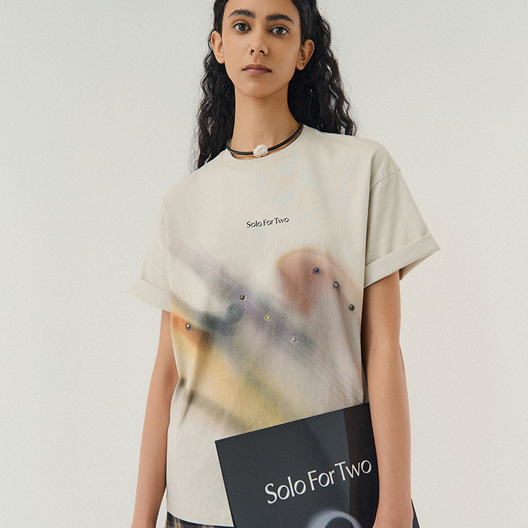 SoloForTwo 贝斯T恤 夏日摇滚洗水印花短袖 宽松钉珠工艺上衣