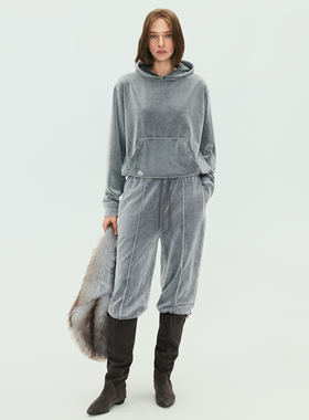 SoloForTwo 灰色钻绒直线束脚中裤 休闲裤