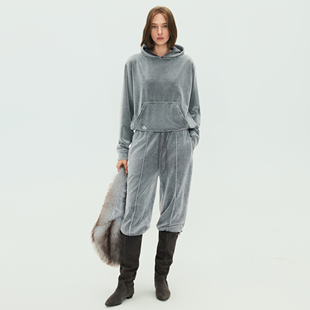 休闲裤 SoloForTwo 灰色钻绒直线束脚中裤