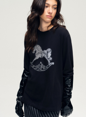SoloForTwo‘摇曳的幻兽’ 黑色做旧磨毛大图案印花宽松长袖T恤