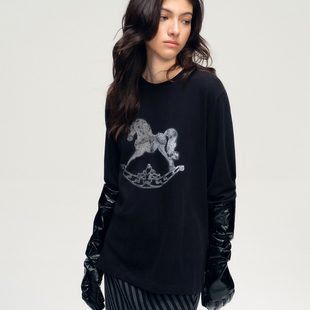 T恤 黑色做旧磨毛大图案印花宽松长袖 SoloForTwo‘摇曳 幻兽’