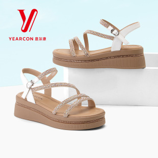 意尔康正品凉鞋女2025新款夏季一字带厚底凉鞋女款沙滩罗马鞋坡跟