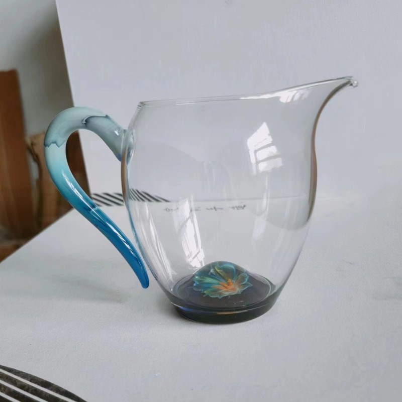 加厚高硼硅玻璃公道杯 花语棠韵怡然茶海分茶器 创意彩色把手茶海
