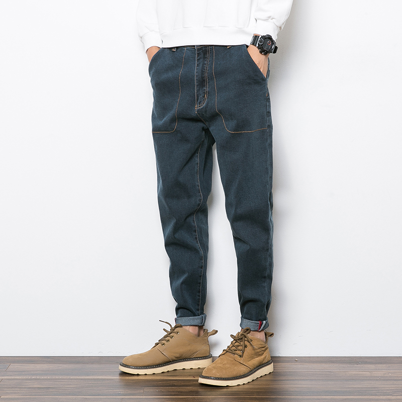 秋冬款日系潮牌弹力牛仔裤男宽松大码小脚哈伦裤复古加绒收腿长裤