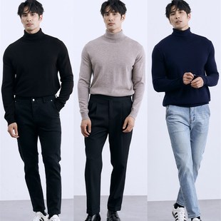 套头黑色打底针织衫 入冬BI备羊毛衫 甄选精纺纯羊毛高领毛衣男士