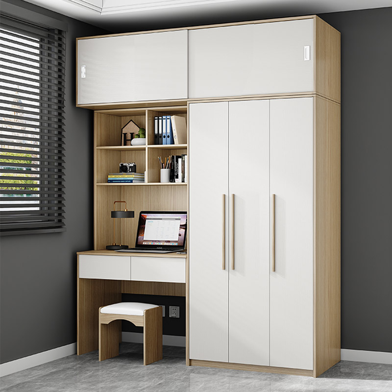 新中式儿童学习办公桌一体连身书桌柜电脑桌带衣柜加书柜书架组合