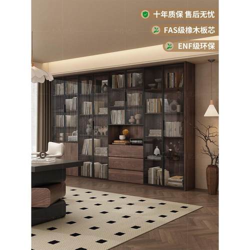 中古风客厅书柜一体整墙法式覆古实木收纳储物柜子带玻璃门展示柜