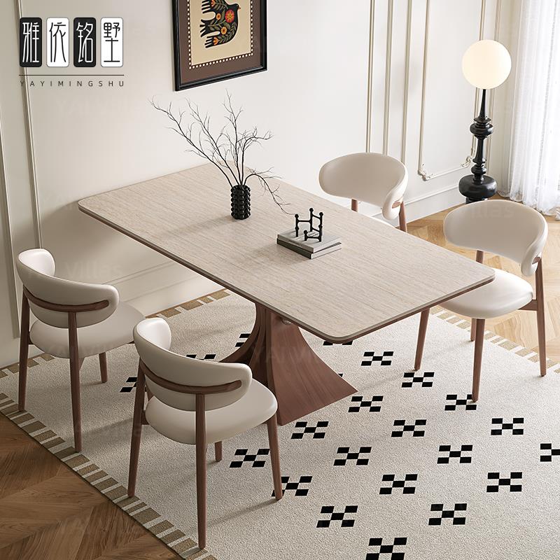 德利丰洞石岩板餐桌法式覆古实木桌现代简约家用小户型长方形饭桌